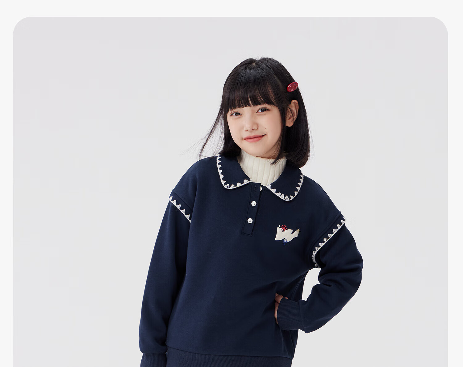 Zuo Xi Girls' Fleece-Lined Sweatshirt 2025 Winter Children's Polo Shirt Doll Collar Warm Top Navy Blue 120 13